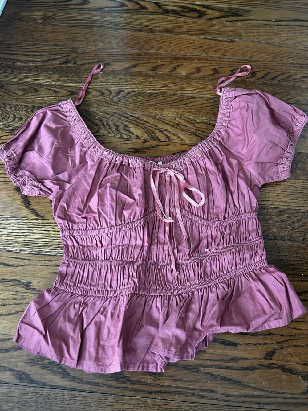 Smocked Peplum Short-Sleeve Blouse in Mauve Pink